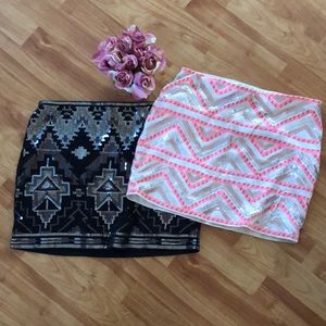 EXPRESS 2 XS stretch miniskirts black silver flapper & cream peach sequi…